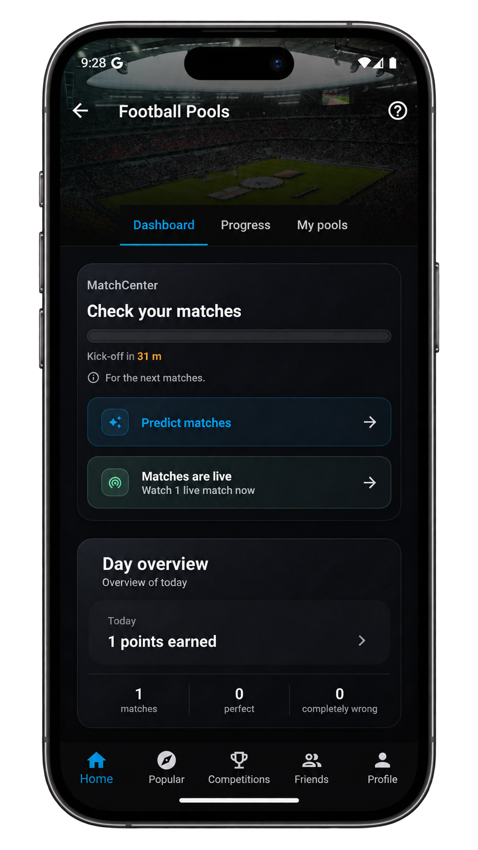 Golero voetbalpoule dashboard